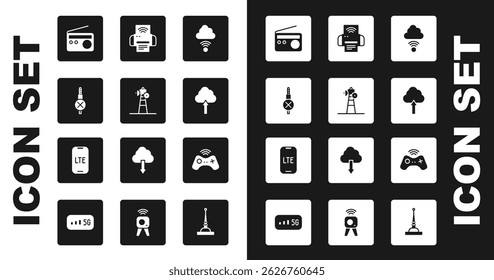 Set Network cloud connection, Satellite dish, No audio jack, Radio, Cloud upload, Smart printer system, Wireless gamepad and LTE network icon. Vector