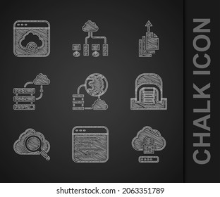 Set Network cloud connection, Software, Cloud computing lock, Hangar with servers, Search, Data export and Failed access storage icon. Vector