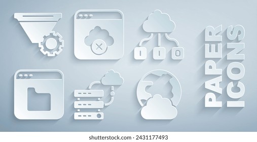 Set Network cloud connection, Cloud technology data transfer, Browser files, Social network, Failed access storage and Filter setting icon. Vector