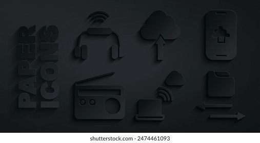 Set Network cloud connection, Cloud technology data, Radio, Transfer files, upload and Smart headphones system icon. Vector