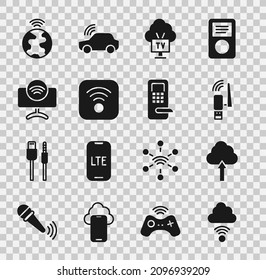 Set Network cloud connection, Cloud upload, Usb wireless adapter, Smart Tv, Wi-Fi internet, system, Global technology and Digital door lock icon. Vector