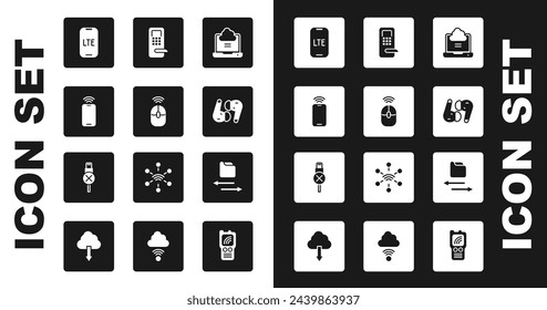 Set Network cloud connection, Wireless computer mouse, Mobile with wi-fi wireless, LTE network, Air headphones, Digital door lock, Transfer files and No usb cable cord icon. Vector