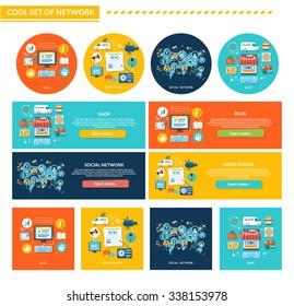 Set of network concept flat design. Shop and blog, social and news portal, internet technology, web business, communication media, networking and online app, marketing service banner illustration