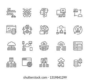 Set of network data Related Vector Line Icons. Includes such Icons as network, Internet, hosting, wi-fi, web, data, data transfer, server, file, folder, speed, megabyte, Gigabyte, cloud