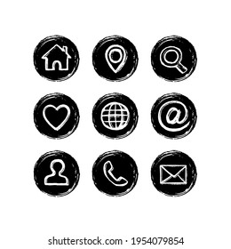 Set network icons. Hand-drawn by brush. Texture grunge style. Home, favorites, user, email, search, pin, internet, phone call, arroba, cursor icons. Vector illustration