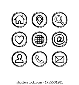 Set network icons. Hand-drawn by brush. Texture grunge style. Home, favorites, user, email, search, pin, internet, phone call, arroba, cursor icons.