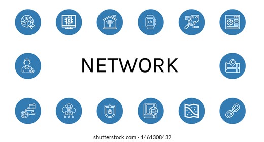 Set of network icons such as Earth, Computer, Wifi, Smartwatch, Spyware, Website, Global network, Cloud, Antivirus, Global, Space map, Link, Add friend, Map , network