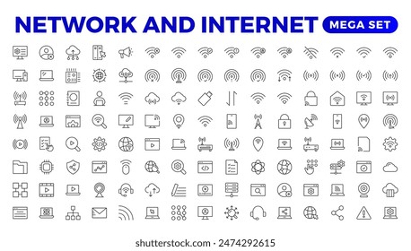 Set of Network and Internet outline icons. linear icon collection for online, computer, network, website, server, web design, hardware, software, and programming. Solid icons illustration collection.