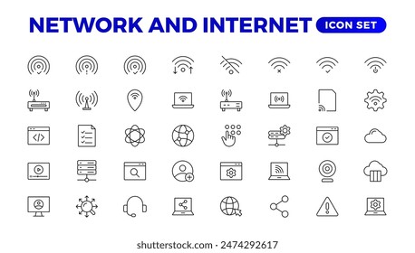 Set of Network and Internet outline icons. linear icon collection for online, computer, network, website, server, web design, hardware, software, and programming. Solid icons illustration collection.
