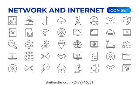 Conjunto de iconos de esquema de red e Internet. colección lineal de iconos para línea, equipo, red, Sitio web, servidor, Diseño web, hardware, software y programación. Colección de ilustración de iconos sólidos.