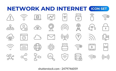 Conjunto de iconos de esquema de red e Internet. colección lineal de iconos para línea, equipo, red, Sitio web, servidor, Diseño web, hardware, software y programación. Colección de ilustración de iconos sólidos.