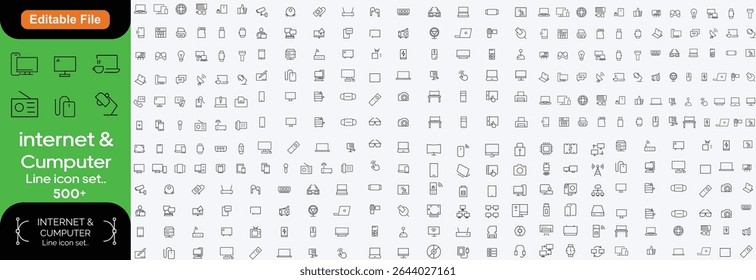 Conjunto de ícones de estrutura de tópicos de Rede e Internet. coleção linear de ícones para on-line, computador, rede, site, servidor, design da Web, hardware, software e programação. Coleção de ilustrações de ícones sólidos.