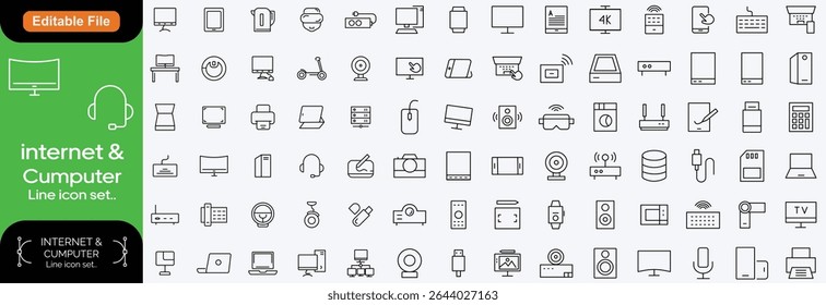 Conjunto de ícones de estrutura de tópicos de Rede e Internet. coleção linear de ícones para on-line, computador, rede, site, servidor, design da Web, hardware, software e programação. Coleção de ilustrações de ícones sólidos.