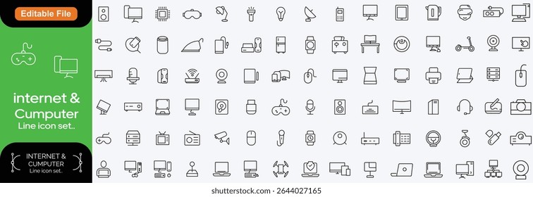 Conjunto de ícones de estrutura de tópicos de Rede e Internet. coleção linear de ícones para on-line, computador, rede, site, servidor, design da Web, hardware, software e programação. Coleção de ilustrações de ícones sólidos.