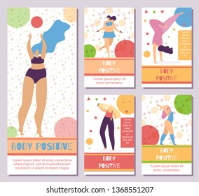 Set Network Mobile Editable Stories Body Positive Motive Plus Size Active Sporty Pretty Elegant Woman on Glamour Trendy Backdrop Banner Media Template with Place for Motivational Promotion Text