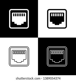 Set Network port - cable socket icons isolated on black and white background. LAN, ethernet port sign. Local area connector icon. Line, outline and linear icon. Vector Illustration