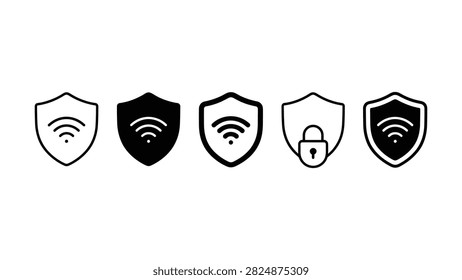 Set of network security shield icons featuring wireless connection and padlock symbols