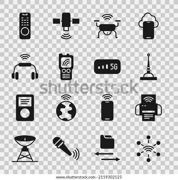 Set Network, Smart printer system, Antenna, drone,\
Walkie talkie, headphones, Remote control and 5G wireless internet\
icon. Vector