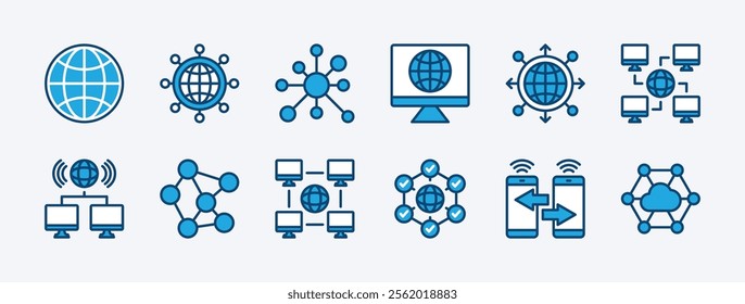 Set of network technology icon. Containing internet, computer, cyberspace, global connection, database, communication, server, cloud computing, device, digital, wireless. Vector illustration