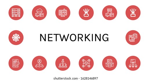 Set of networking icons. Such as Server, Computer storage, Diffuser, Connected, Network, Connection, Cloud computing, Spider web , networking icons