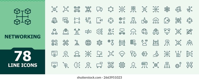 Conjunto de icono de línea de red. Incluye símbolos de línea delgada, tecnología, red, comunicación, tecnología, Internet, conectar y más. Iconos lineales mínimos. Conjunto de iconos de red. Pictograma e infografía.