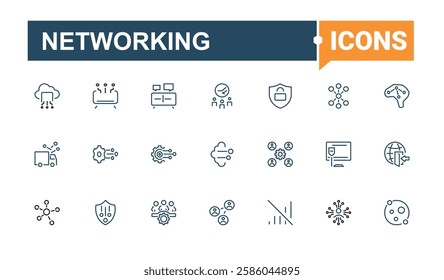 Set of Networking line icons. Featuring cyber, computing, tech, meeting, contact and more. Thin outline icons pack. Editable stroke. Vector illustration.