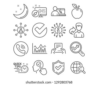 Set of Networking, Online education and Receive file icons. Analytics, Investment and Quick tips signs. International Ð¡opyright, Select user and Verify symbols. Vector
