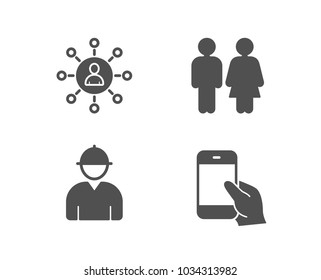 Set of Networking, Restroom and Engineer icons. Hold smartphone sign. Business communication, Wc toilet, Worker profile. Phone call.  Quality design elements. Classic style. Vector