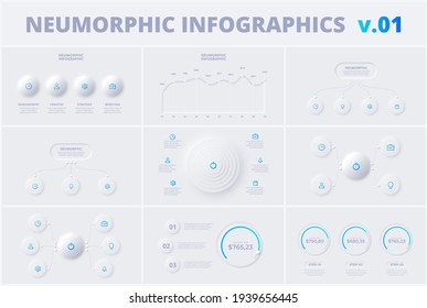 Set with neumorphic infographic design templates. Modern neumorphism vector illustration for presentation with 4, 5, 6 and 7 options or steps.