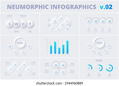 Set mit pneumorphen Infografik-Design-Vorlagen. Moderne Vektorgrafik für die Darstellung mit 3, 5 und 6 Optionen oder Schritten.
