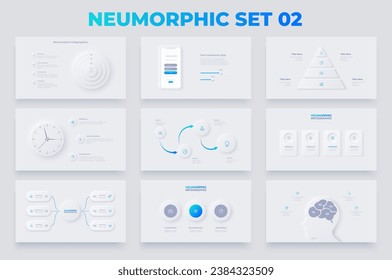 Set of neumorphic infographic templates. Clock, smartphone, brain and abstract diagrams