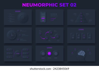 Conjunto de elementos infográficos de neumorfismo para presentación en un fondo oscuro. Diagramas de reloj, smartphone, cerebro y diagrama de flujo