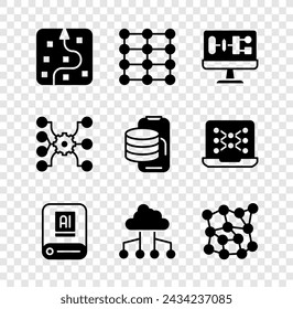 Set Neural network, Algorithm, Artificial intelligence AI, Network cloud connection,  and Cloud technology data transfer icon. Vector
