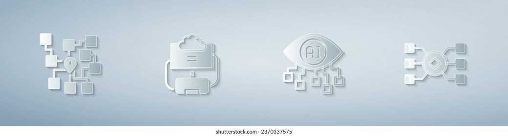 Set Neural network, Cloud database, Computer vision and . Paper art style. Vector