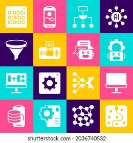 Set Neural network, Computer monitor, Robot setting, Algorithm, Artificial intelligence AI, Funnel filter, Binary code and Chat icon. Vector