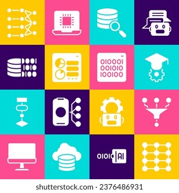 Set Neural network, Funnel filter, Graduation cap, Server, Computer api interface, Binary code,  and  icon. Vector