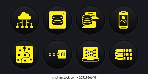 Set Neural network, Mobile phone, Binary code, Server, Data,  and Network cloud connection icon. Vector