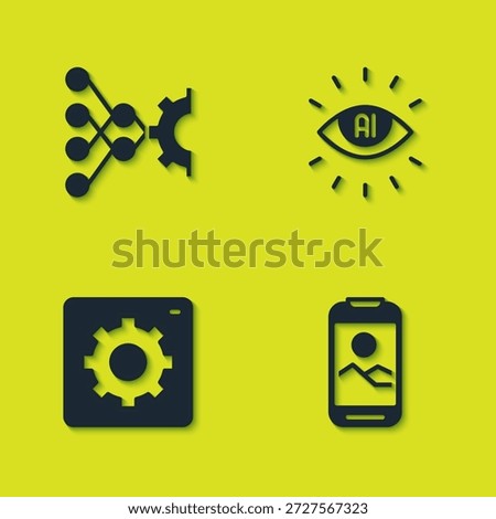 Set Neural network, Mobile phone, Computer api interface and Artificial intelligence AI icon. Vector