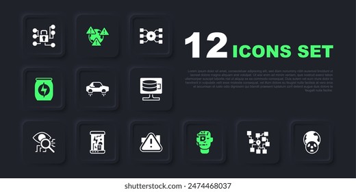 Set Neural network, Planet earth and radiation, Fantastic flying car, Smart glasses spectacles, Energy drink, Cryogenic capsules, Earth with exclamation mark and Exclamation triangle icon. Vector
