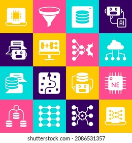 Set Neural network, Processor CPU, Network cloud connection, Server, Data, Algorithm, Chat bot,  and  icon. Vector