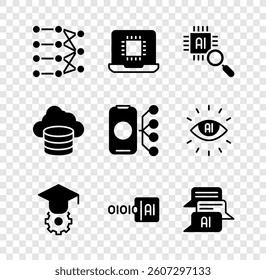 Set Neural network, Processor CPU, Graduation cap, Binary code, Chat bot, Cloud database and  icon. Vector