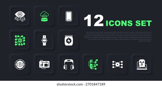 Definir rede neural, lâmpada de aviso radioativo, relógio de pulso, robô humanoide, placa-mãe, conexão em nuvem de rede e ícone de fones de ouvido. Vetor