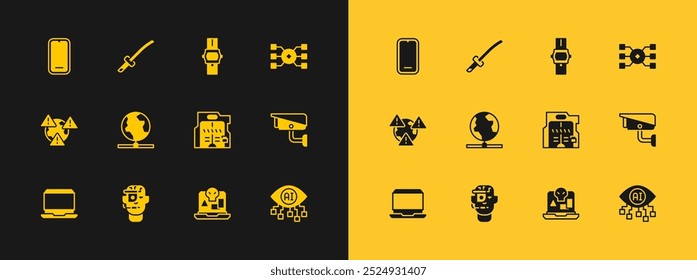 Set Neural network, Smart glasses on spectacles, Futuristic sliding doors, Internet piracy, Global technology, Wrist watch, Mobile phone and Katana icon. Vector