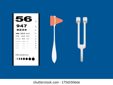 Set of neurological examination instruments including reflex hammer, tuning forks and pocket near vision chart.