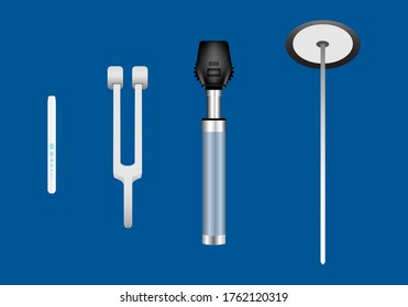 Conjunto de instrumentos de examen neurológico incluyendo martillo reflexivo, oftalmoscopio, horquillas de ajuste y luz de pluma.
