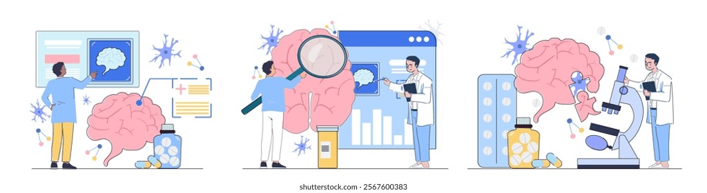 Set of neurologists. Men and women in medical uniforms study brain structure. Healthcare and medicine. Doctors with patients. Linear vector collection isolated on white background