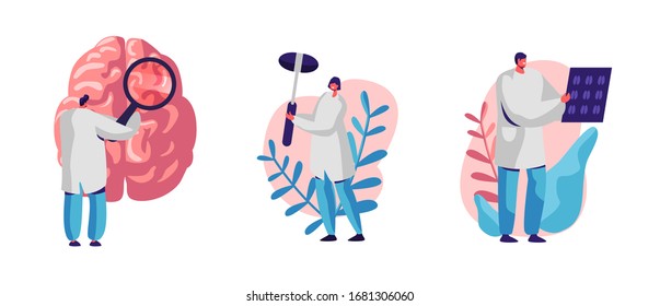 Set of Neurology Disease Diagnostics and Treatment. Doctor Neurologist Character Examine Huge Human Brain and X-ray Head Tomography Scan. Nurse with Medical Hammer. Cartoon People Vector Illustration