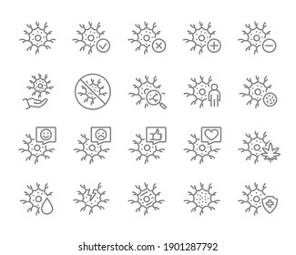 Set Of Neuron Line Icon. Healthy Nerve Cell, Neural Tissue Illness, Diagnosis, Treatment And More.