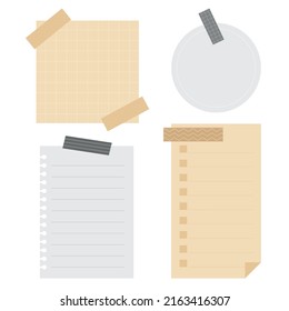 Set of neutral paper sticky notes with decoration tapes. Flat vector illustration.