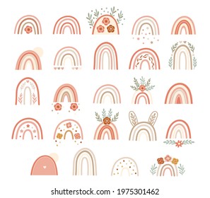 Set of neutral pink rainbows with floral elements. Vector illustration. 